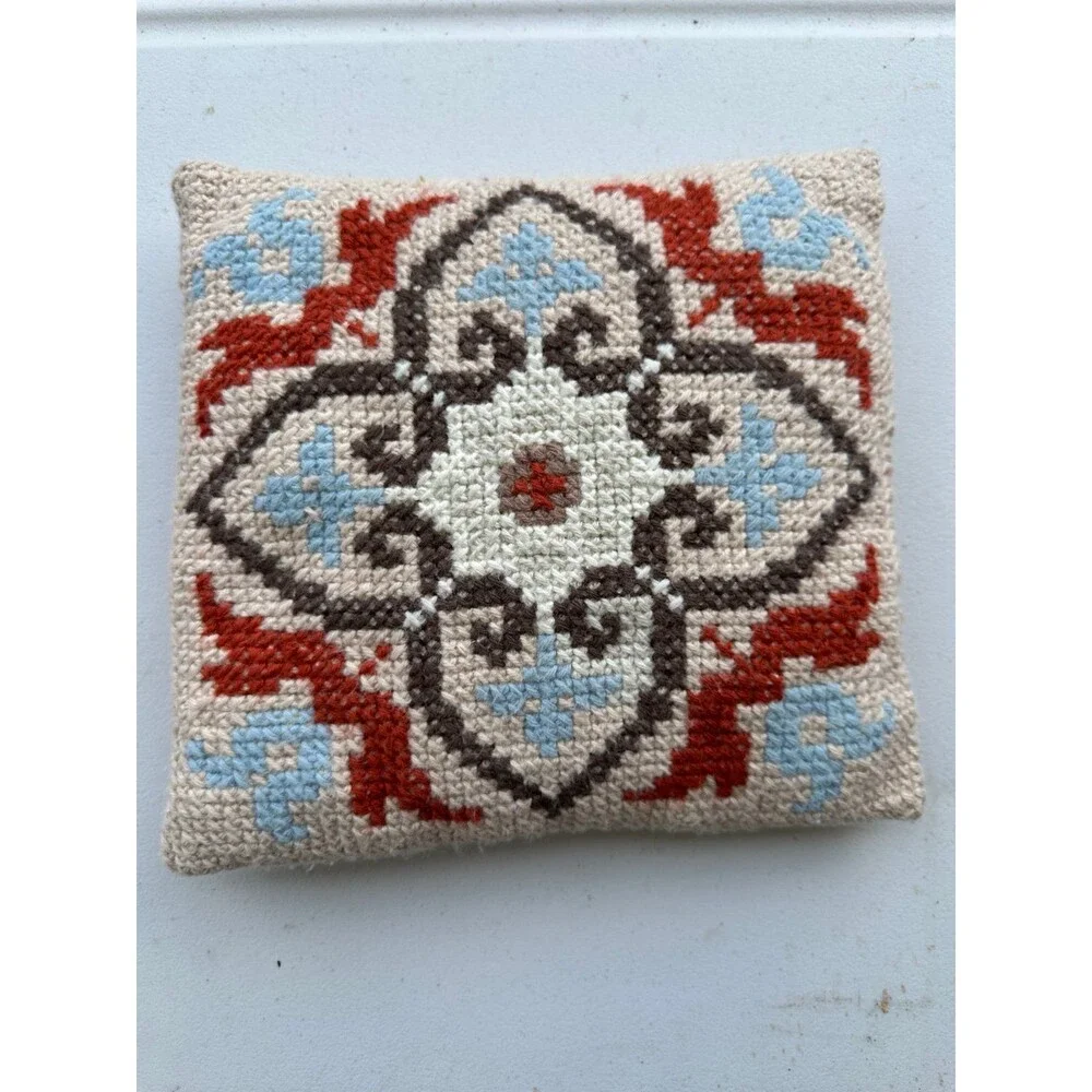 Decorative Cross-Stitched Needlepoint French Moroccan Inspired Accent Pillow